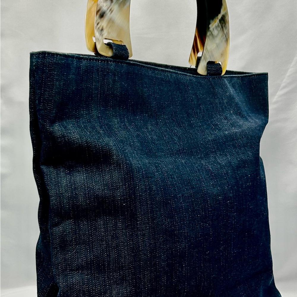 Stylish Denim Tote Bag with Unique Tortoiseshell Type Handles